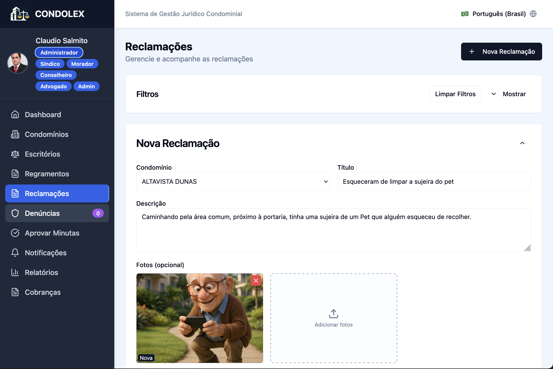 Tela de Reclamações do CONDOLEX