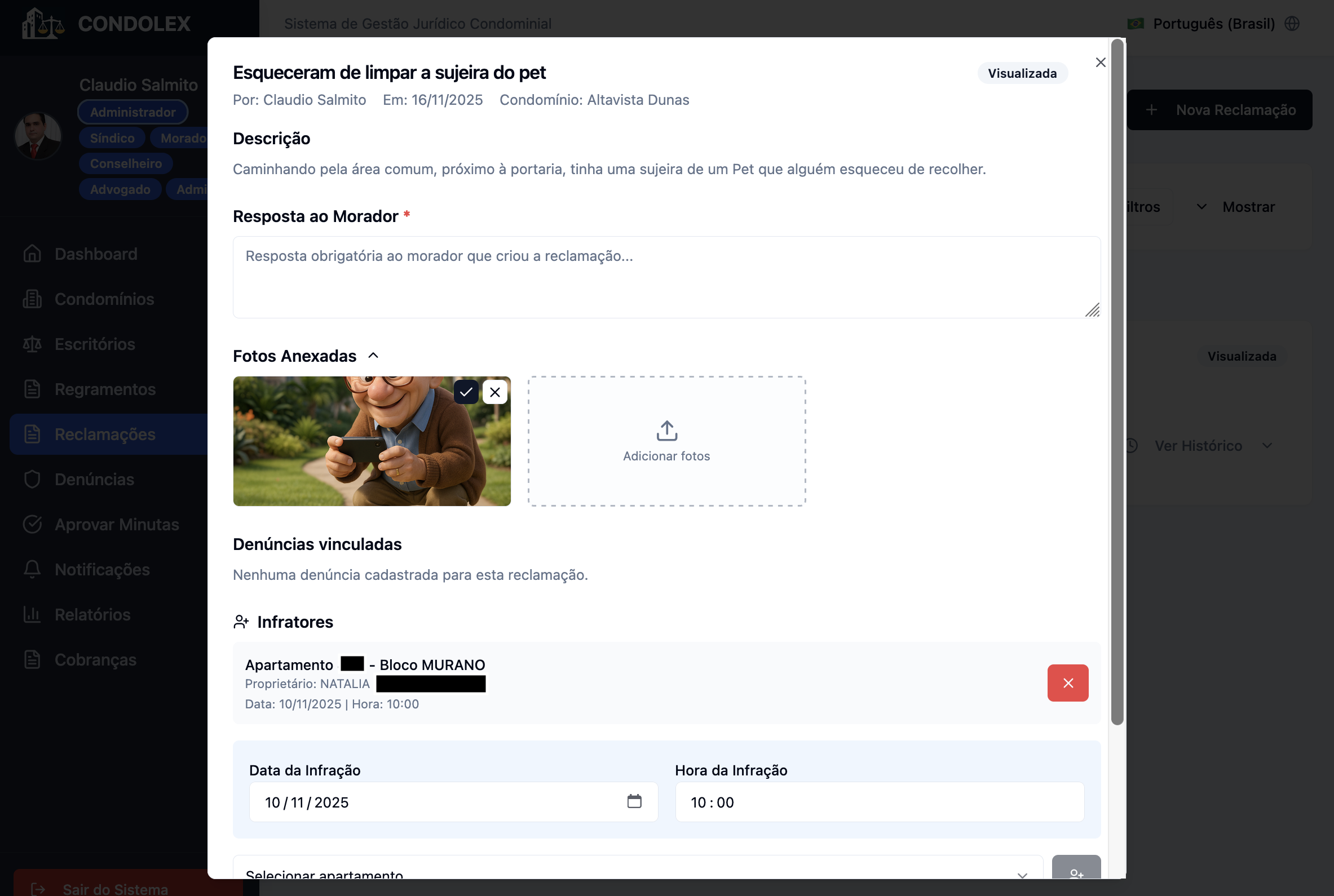 Tela de administração detalhada do CONDOLEX