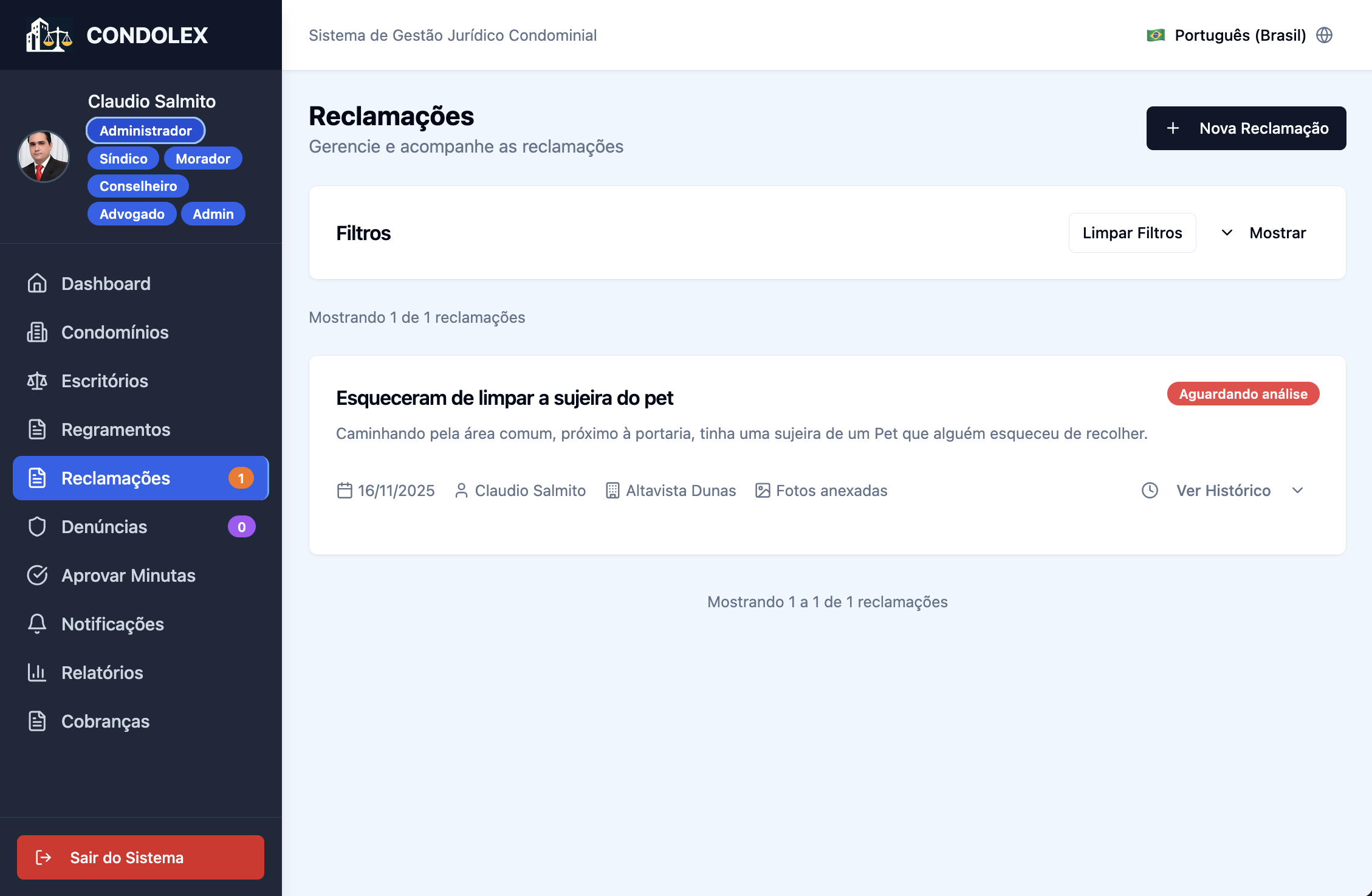 Tela de administração do CONDOLEX