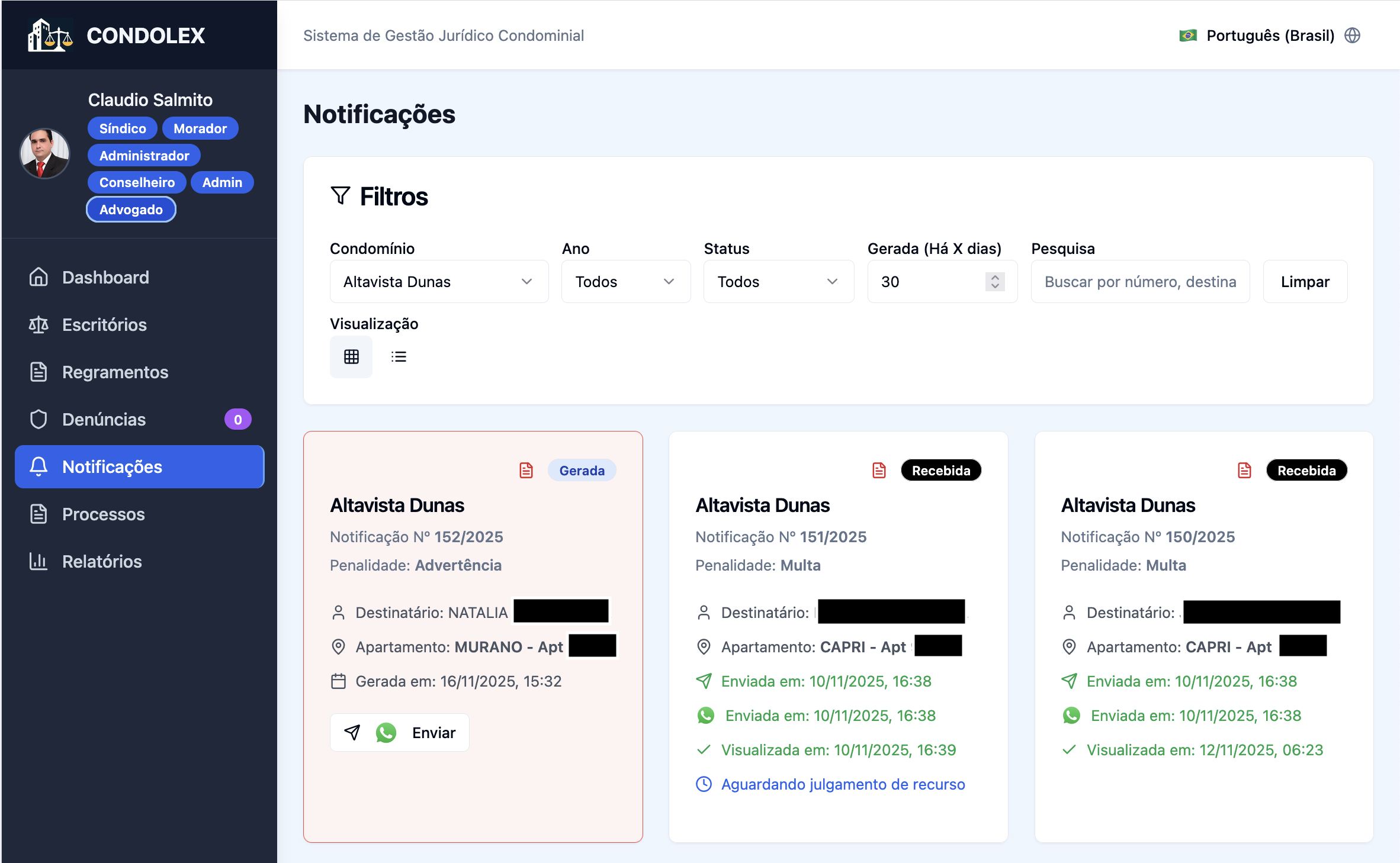 Tela de notificação do CONDOLEX