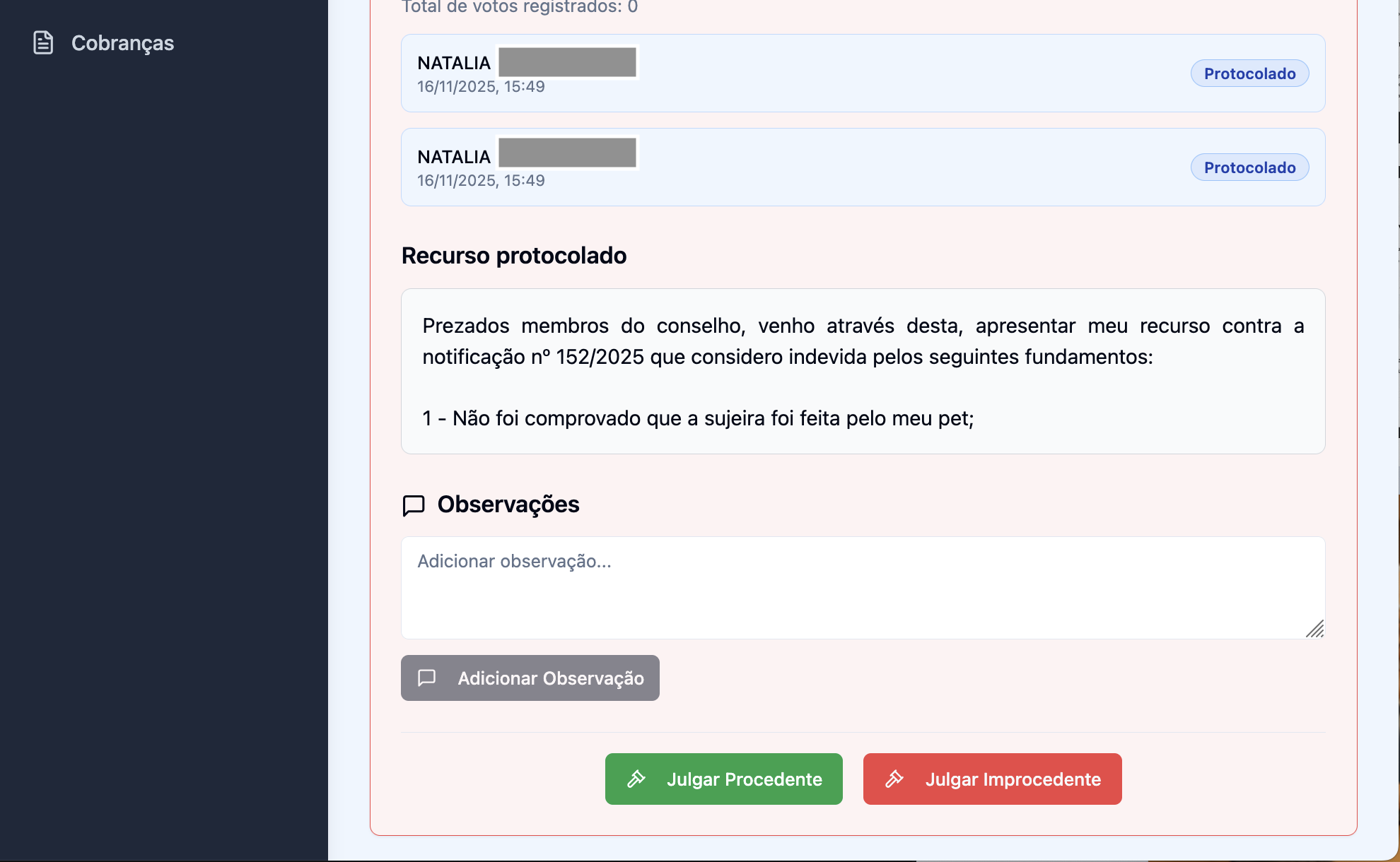 Tela de julgamento de recurso no CONDOLEX